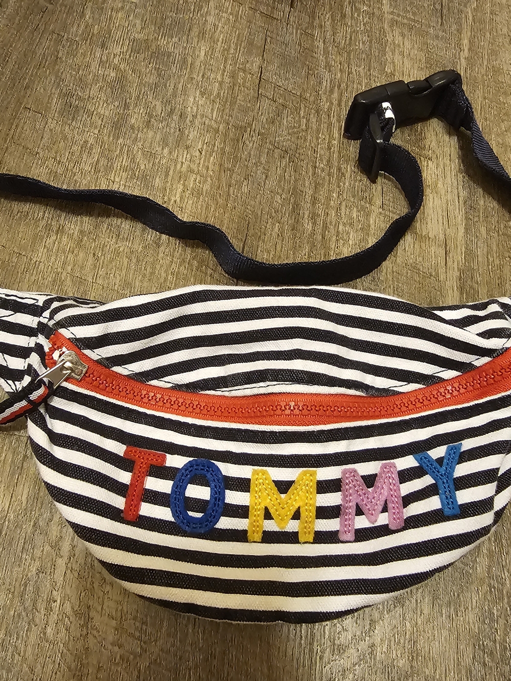 Tommy Hilfiger Black & White Striped Kids Waist Bag with Colorful Lettering